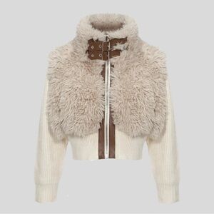 Women's Cream and Brown Faux Fur Jacket